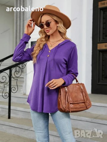 Дамски едноцветен свободен пуловер с качулка и V-образно деколте, 3цвята - 023 , снимка 16 - Блузи с дълъг ръкав и пуловери - 41906991