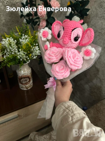 Букет с плетени цветя и Стич , снимка 2 - Други - 53759988