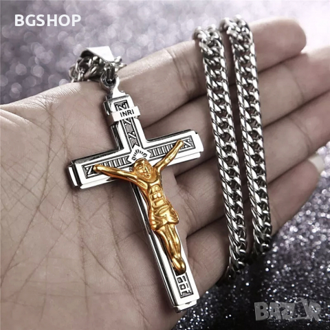 Кръст Колие Иисус Христос Разпятие - Silver / Gold, снимка 2 - Колиета, медальони, синджири - 36347326