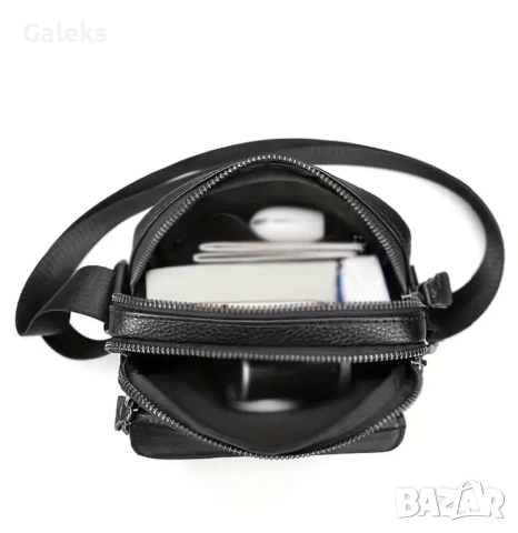 Мъжка компактна кожена чантичка с капаче / Гланцова черна естествена кожа!, снимка 8 - Чанти - 53101729