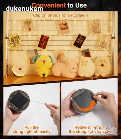 Соларни къмпинг лампички, 2м, 2-в-1, фенер и гирлянд с 8 режима, USB зареждане и дистанционно, снимка 6 - Соларни лампи - 52303362