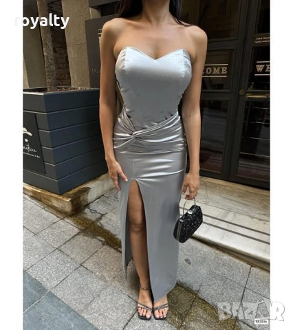 Вечерна рокля с кръстосана деколте - с колан и стилен дизайн цвят сив