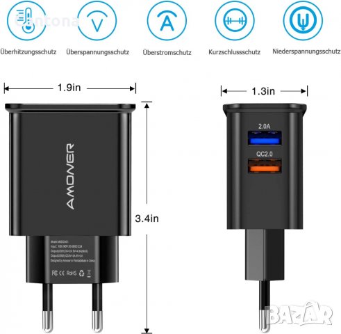 Amoner 25W 2-портово aдаптивно бързо зарядно устройство, с кабел USB C, снимка 2 - Оригинални зарядни - 40126287