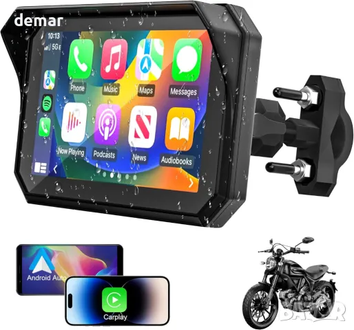 Мотоциклетен 5" IPS сензорен екран с безжичен CarPlay и Android Auto