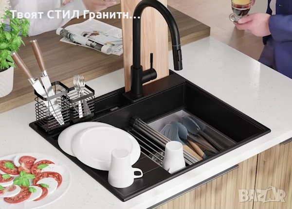 Черна гранитна кухненска мивка Сидни 620-45 Pocket Ergo Multilevel