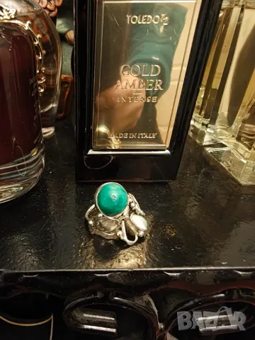Стар сребърен пръстен с естествен малахит, снимка 8 - Пръстени - 48604401