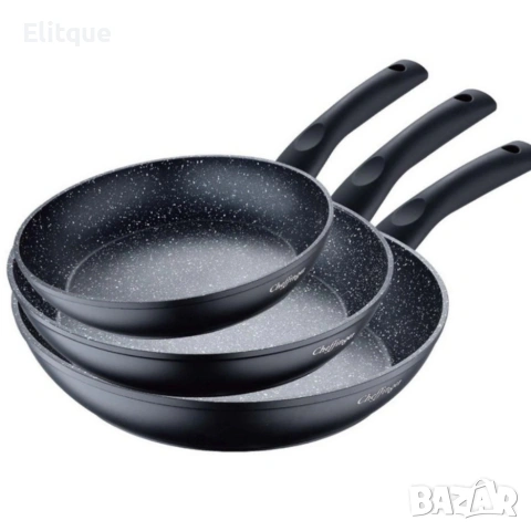 Комплект тигани Cheffinger с мраморно покритие – 3 части за всяка кухня - черен цвят, снимка 2 - Съдове за готвене - 53120166