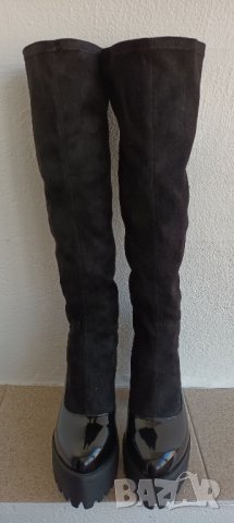 Дамски черни дълги ластични ботуши с висок ток и дебела подметка и лачена основа, снимка 4 - Дамски ботуши - 41845335