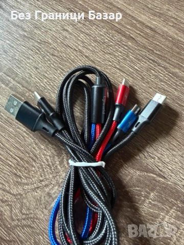 Нов Плетен мулти USB кабел за зареждане – USB към Type-C + Lightning + Micro-USB, универсален 