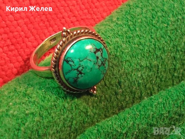 ВЕЛИКОЛЕПЕН АНГЛИЙСКИ СКЪПОЦЕНЕН СРЕБЪРЕН ПРЪСТЕН СРЕБРО 925 с ШЛИФОВАН НАТУРАЛЕН ТЮРКОАЗ 43355, снимка 3 - Пръстени - 44406452