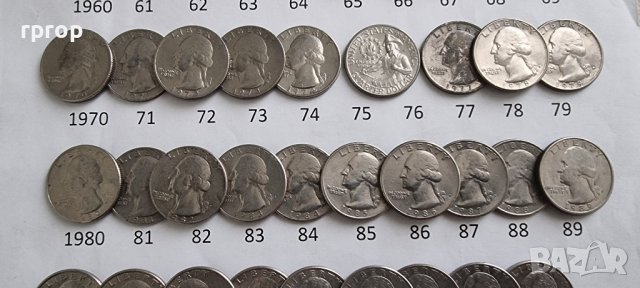 Монети. САЩ. 1/4 Американски долари . Quarter . Пълен комплект. 33  бройки. От 1965 до 1998 г. вкл., снимка 5 - Нумизматика и бонистика - 30118402