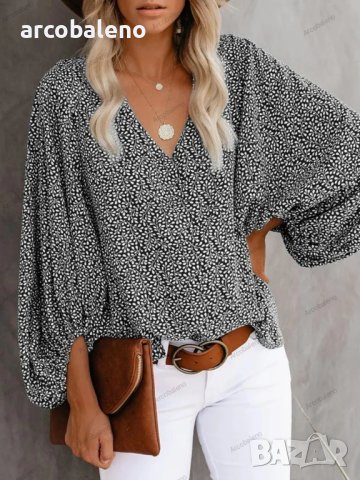 Дамска ежедневна риза с щампован фенерски ръкав с V-образно деколте, 9цвята , снимка 13 - Ризи - 42039048