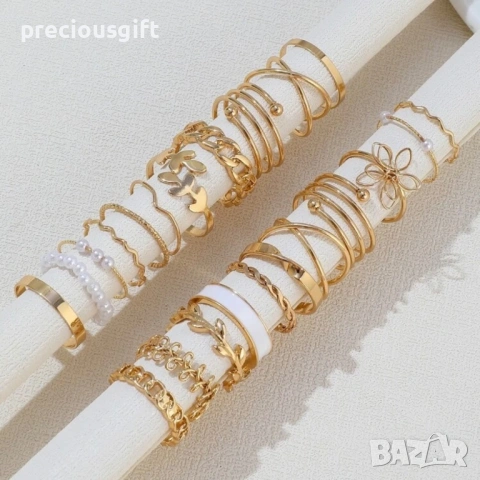 Комплект бижута - 22 броя пръстени, налични в цвят злато или сребро, снимка 6 - Пръстени - 53071172