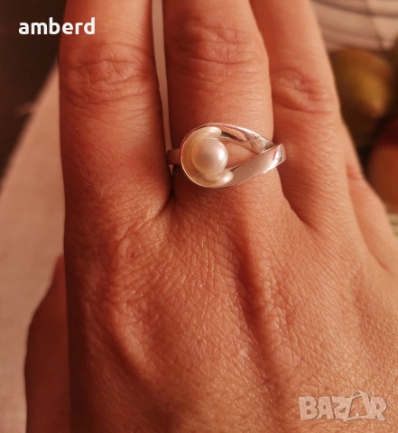 Уникален НОВ модел сребърен пръстен с перла - модел R124, снимка 4 - Пръстени - 53869152