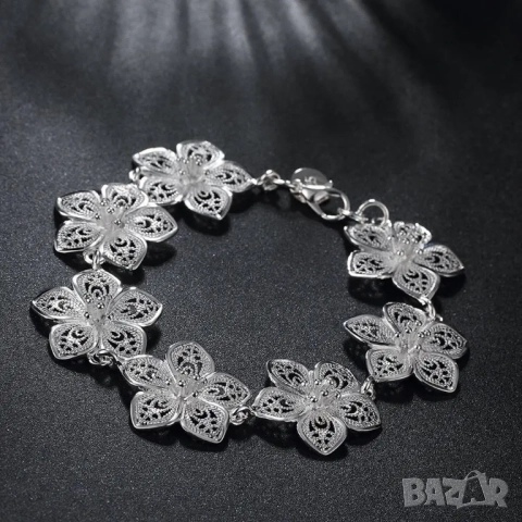 Сребърна гривна, обеци и колие цветя, снимка 3 - Гривни - 41637485