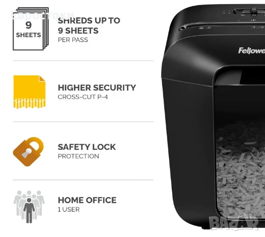 Шредер Fellowes Powershred LX50, унищожител на документи, карти, до 9 листа, 17 L, защита DIN P-4, снимка 5 - Ученически пособия, канцеларски материали - 50621367