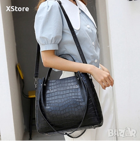 Комплект от дамски чанти в черен цвят, с кроко ефект, снимка 5 - Чанти - 52585237