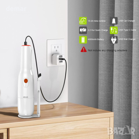 absob Безжична ръчна прахосмукачка за кола - Мини, акумулаторна, преносима, USB зареждане, бяла, снимка 4 - Прахосмукачки - 44747892