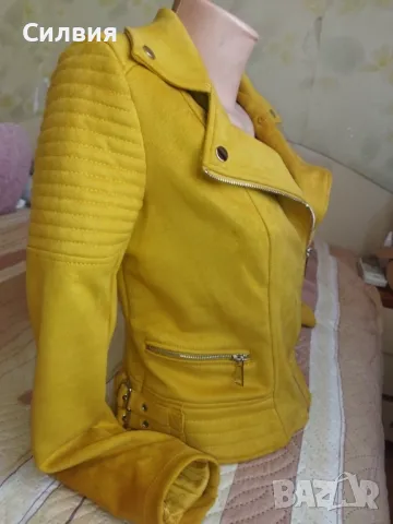 Уникално дамско яке цвят горчица със сваляща се яка размер S, снимка 7 - Якета - 49879234