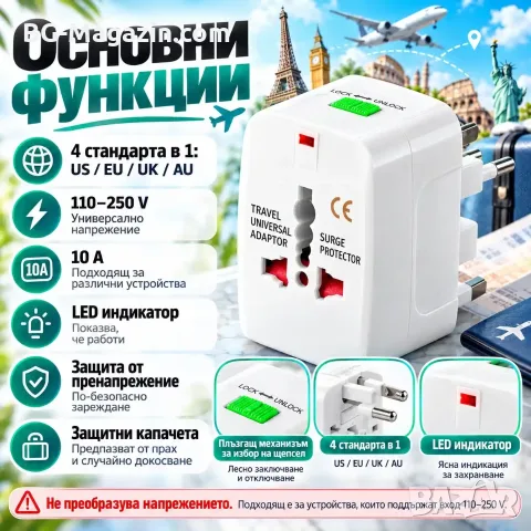 Адаптер за контакти US EU UK AU – Aerbes, снимка 2 - Мрежови адаптери - 56326023
