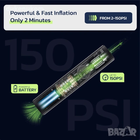 Електрическа помпа за гуми Woowind BP188 150 PSI с авто стоп, LCD дисплей, снимка 4 - Аксесоари за велосипеди - 53230299