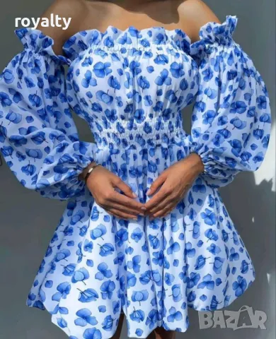 Ефектна синя рокля с паднали рамене Различни цветове , снимка 2 - Рокли - 49824186