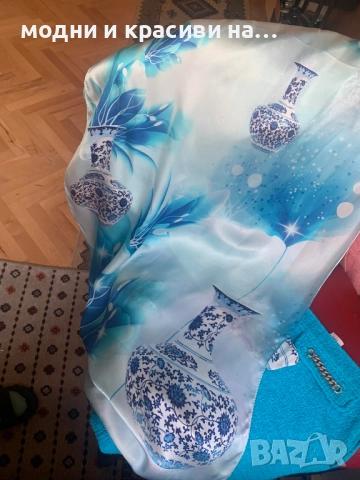 Красив копринен шал в синята гама, снимка 9 - Шалове - 52738588
