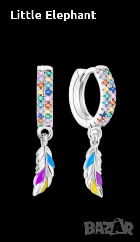 Дизайнерски модел сребърни висящи обеци Пандора халки с пера,колекция"Sensitivity",coloured/нови