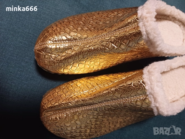 Златисти чехли с пух., снимка 3 - Чехли - 52859676