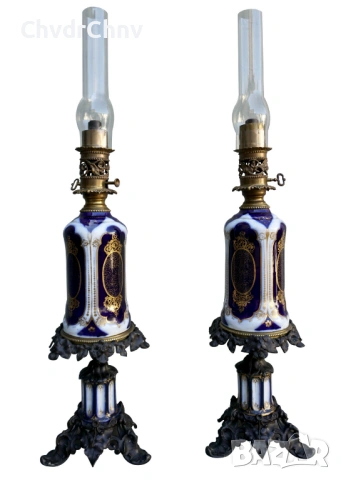 чифт2бр 57см/стари барокови порцеланови газени лампи/кобалт-злато, снимка 11 - Антикварни и старинни предмети - 46885962