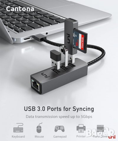 uNi USB  към Gigabit Ethernet адаптер, HUB 3 x USB 3.0, снимка 3 - Мрежови адаптери - 34211200