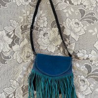 Чанта естествен велюр, ново, кожена, синя, с ресни, снимка 3 - Чанти - 40180300