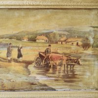 Подписана Стара българска картина селски пейзаж 1958 година Стефан Марков Масло платно  , снимка 3 - Антикварни и старинни предмети - 42379744