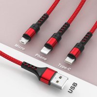 3-в-1 USB - Мicro, USB C , Lightning port - кабел за зареждане - 1.2 метра, снимка 2 - USB кабели - 40384163
