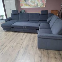Син П образен ъглов диван от плат с функция сън ZE-EM09003, снимка 12 - Дивани и мека мебел - 44245307