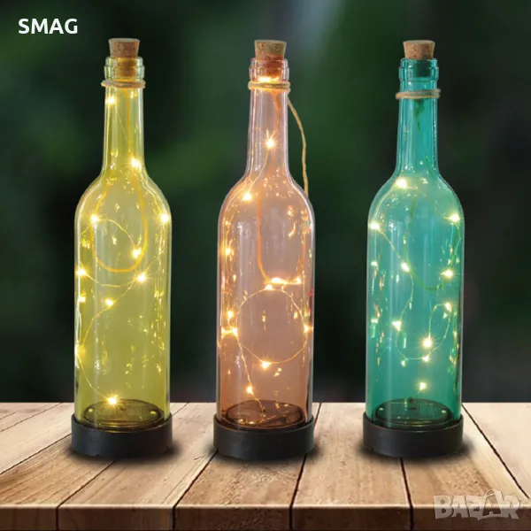 Соларна настолна лампа Стъклена бутилка Цветна 10 LED Ø7.5x30.5cm S_1236435, снимка 1