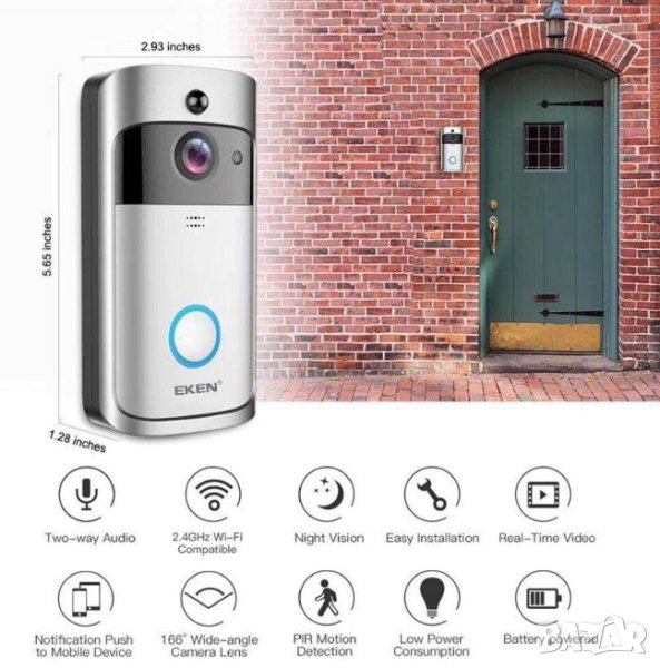 166° Смарт Видеодомофон Двупосочен Интерком Злектронен Звънец WiFi Видео Домофон PIR Сензор Движение, снимка 1