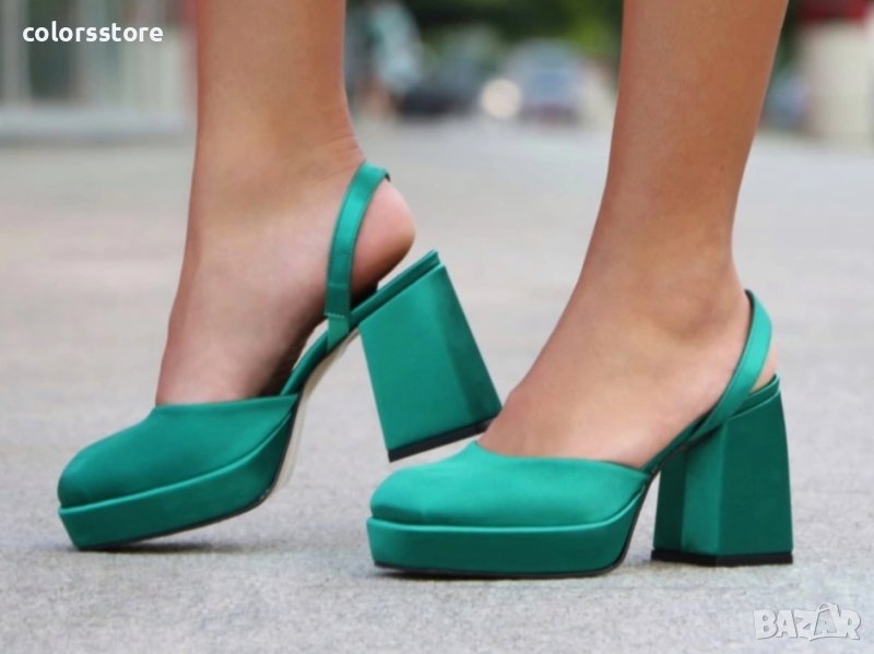 Сандали на ток - зелен сатен - VSN3-1, снимка 1