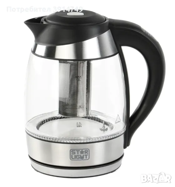 Електрическа кана, 2200W, 1.8л, температурен контрол, LED термо индикатор, стъкло / инокс, *НОВА*, снимка 1