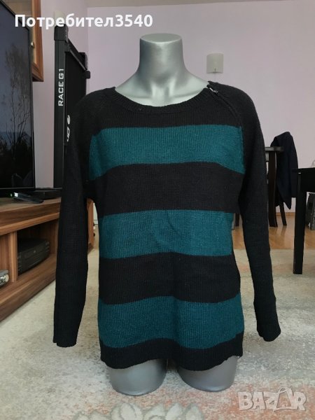 Пуловер на черни и зелени райета, снимка 1