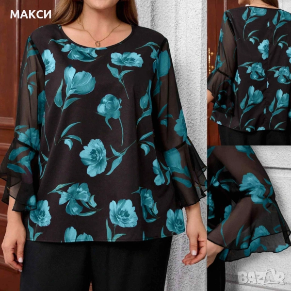 Макси елегантна ефирна блуза с ефектни ръкави в черно на красиви цветя в две разцветки, снимка 1