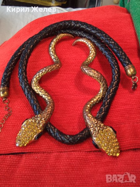 НЕОГОТИЧЕСКА ВИНТИДЖ АРТ ФИГУРАЛНА ЗМИЕВИДНА ОГЪРЛИЦА с БРОНЗОВИ ПОЗЛАТЕНИ ЗМИИ 16003, снимка 1