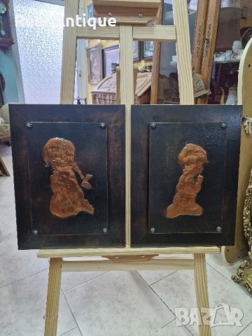 Уникален чифт антикварни авторски майсторски медни картини , снимка 1