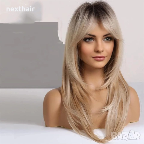 Омбре руса перука 60 см - модерни нюанси и тъмни корени, снимка 2 - Аксесоари за коса - 53830661