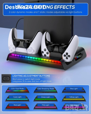 Зарядна стойка с охлаждащ вентилатор и RGB за PS5 Slim, снимка 5 - Друга електроника - 53465180