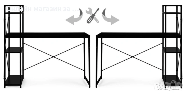 Компютърно бюро ModernHome, дървено, с рафтове за съхранение, черен, подсилена метална конструкция, снимка 8 - Бюра - 53380979