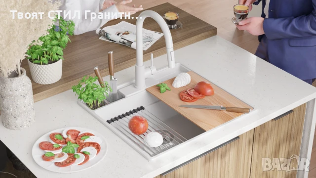 Бяла кухненска мивка от гранит Ню Йорк 60 Multispace 580 x 530 мм, снимка 4 - Мивки - 50779662