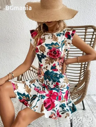 Еластична свободна рокля в бяло на цветя с паднал ръкав размер Л, снимка 3 - Рокли - 50042127