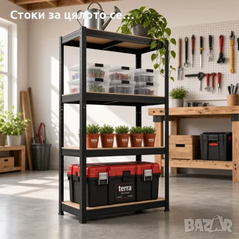 Здрав метален стелаж - Безвинтов гаражен рафт с 4 нива 150x70x30см, до 540кг, снимка 2 - Други стоки за дома - 55692368