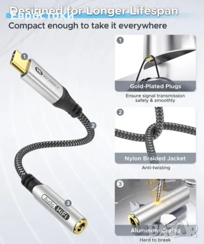 Аудио адаптер Warrky Audio hifi USB C към 3,5 мм жак, аудио адаптер за телефон за слушалки, снимка 2 - Други - 49945711